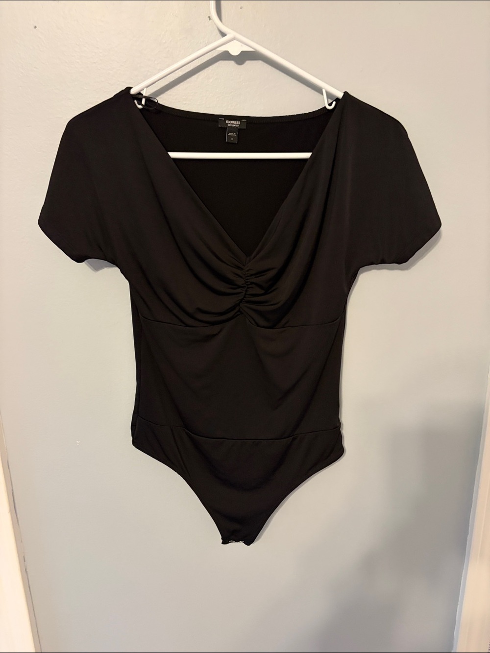 Express Black Ruched V-Neck Short Sleeve Bodysuit